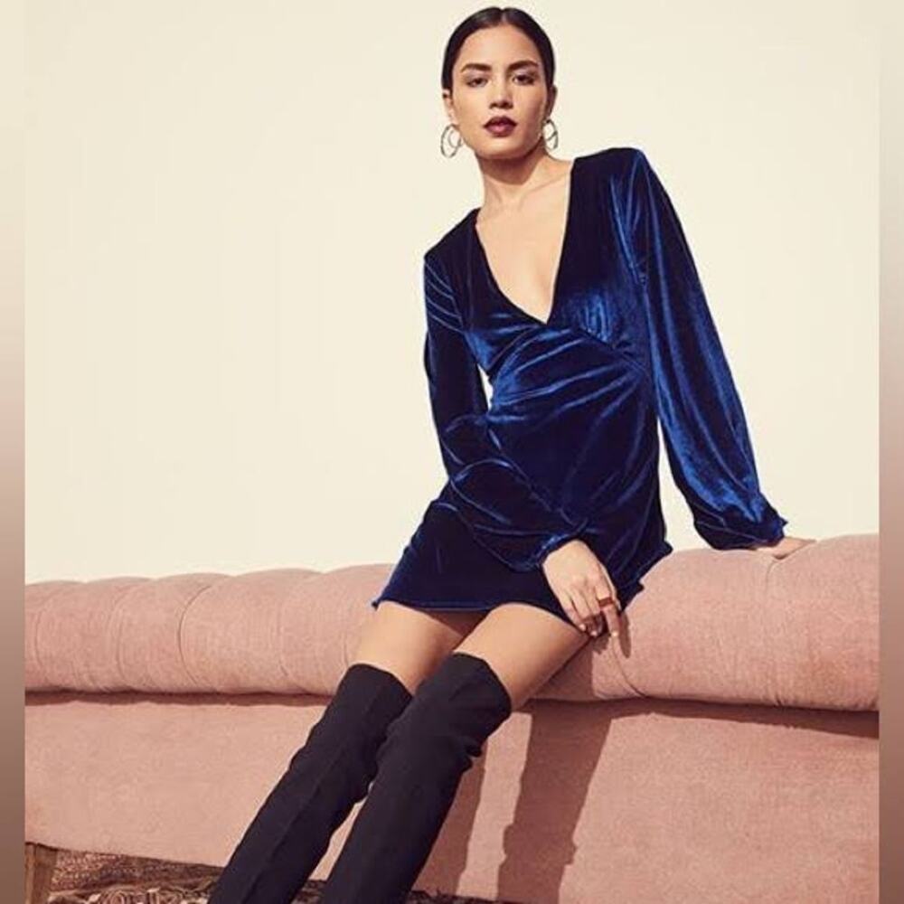 Tularosa Mini Dress Ryland Velvet Aegean Blue Long Sleeve Small Vneck Revolve